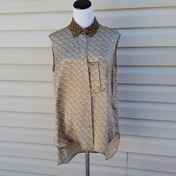BURBERRY TB MONOGRAM 100% SILK OVERSIZED SHIRT BLOUSE TOP - Picture 6 of 13
